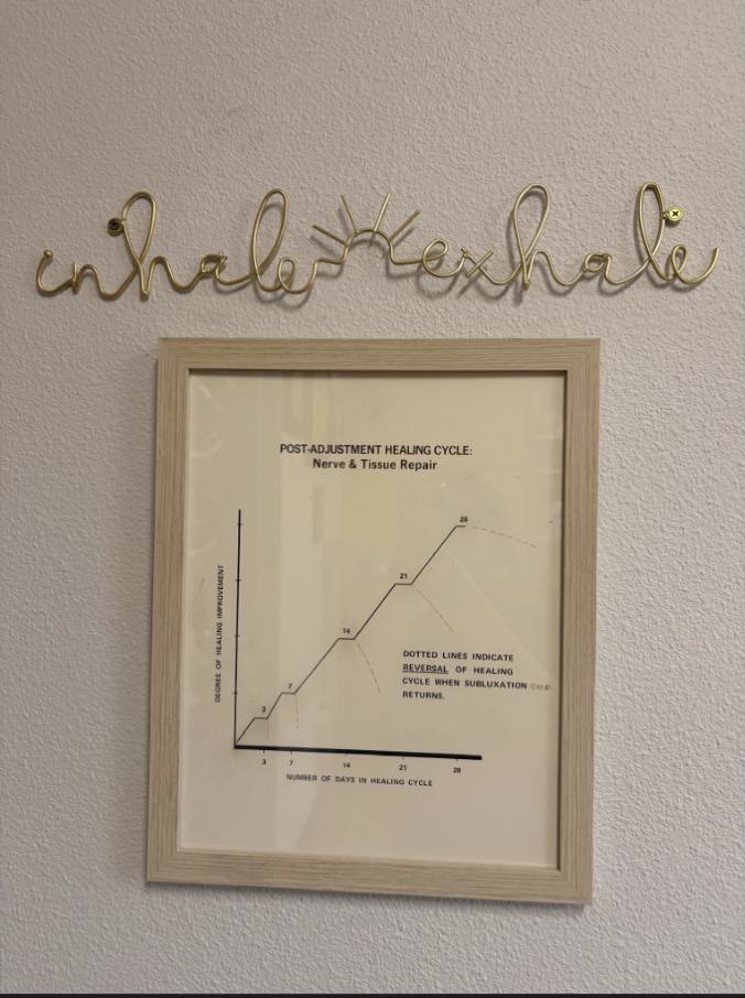 Inhale, exhale wall art above a chart of the post-adjustment healing cycle in Dr. Laura's office