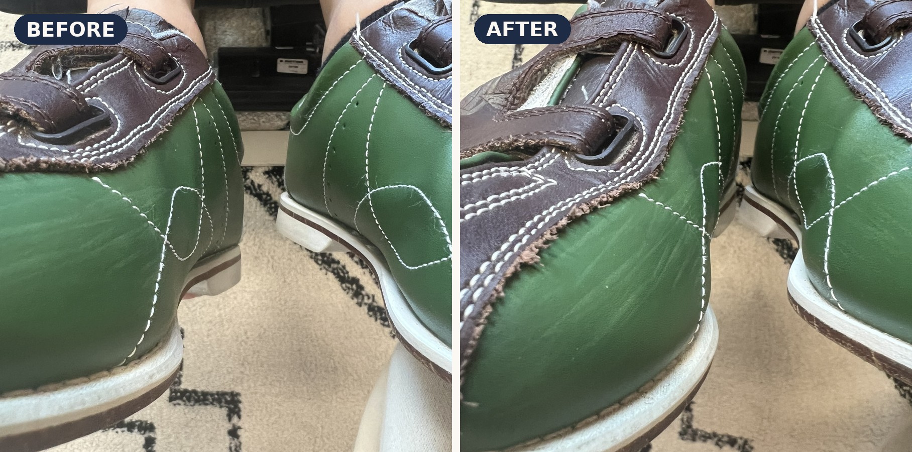 A patient's heels before and after an Atlas adjustment: uneven before, lined up after